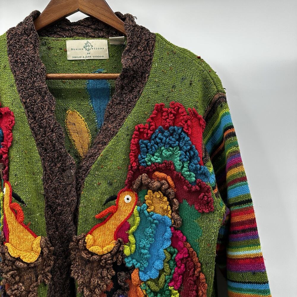 Design Options Cardigan Sweater Women XL Multicolor Thanksgiving Turkey 3D Ramie - Picture 2 of 13